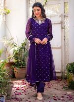 Georgette Purple Traditional Wear Embroidery Work Readymade Kurti Set